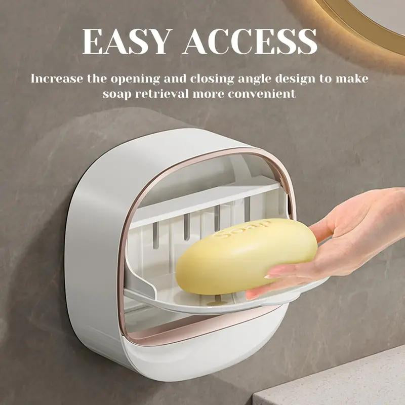 Waterproof Antibacterial Wall-Mounted Soap Dish with Drain & Flip Cover – White”