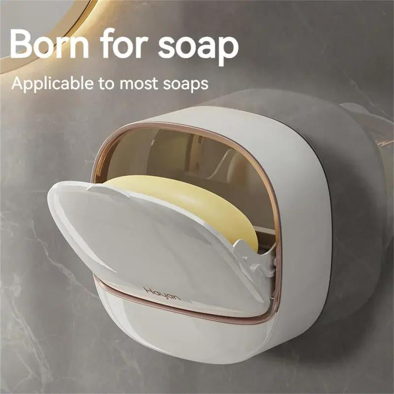 Waterproof Antibacterial Wall-Mounted Soap Dish with Drain & Flip Cover – White”