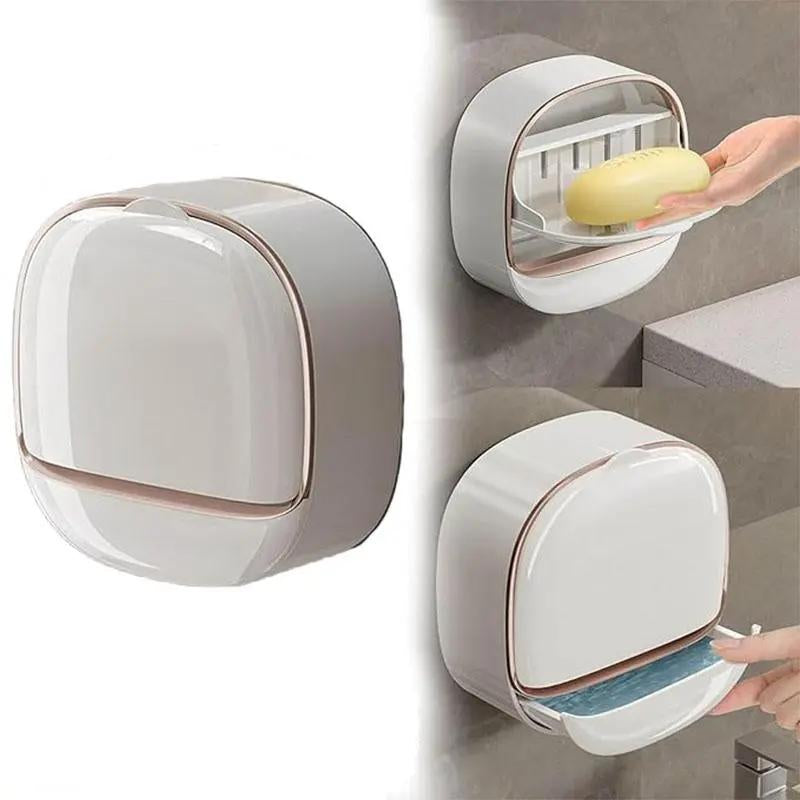 Waterproof Antibacterial Wall-Mounted Soap Dish with Drain & Flip Cover – White”