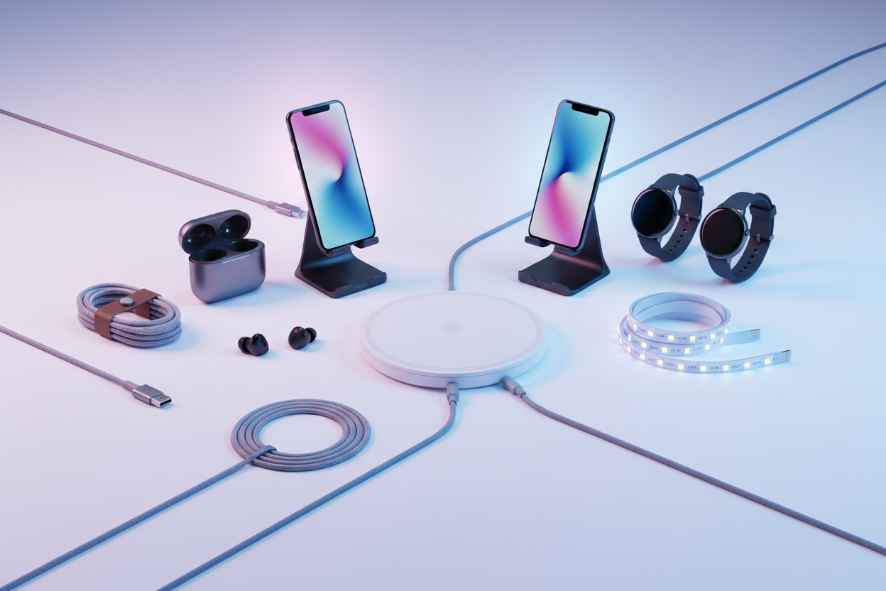 Create a clean, modern banner image for a Shopify collection titled "Accessories".
The image should feature stylish smart home and tech accessories — such as wireless chargers, phone stands, earbuds, LED lights, smartwatches, and cables — arranged neatly on a white or light grey background.
Use soft shadows, minimal design, and futuristic lighting (blue and neon accents).
The style should look professional, tech-inspired, and perfect for an online gadget store homepage.
Add no text or logo.