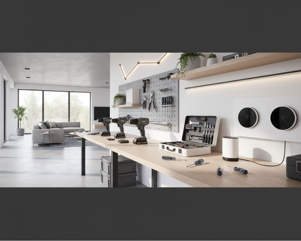 Create a modern, realistic, and high-quality banner image for a Shopify collection titled "Home Improvement".
The image should feature stylish home tools and accessories — such as cordless drills, screwdrivers, tool kits, smart home devices, LED lights, and wall organization systems — arranged neatly in a bright, clean workshop or modern living space.
Use natural daylight, soft shadows, and neutral colors (white, grey, light wood tones).
The style should be clean, professional, and futuristic — perfect for