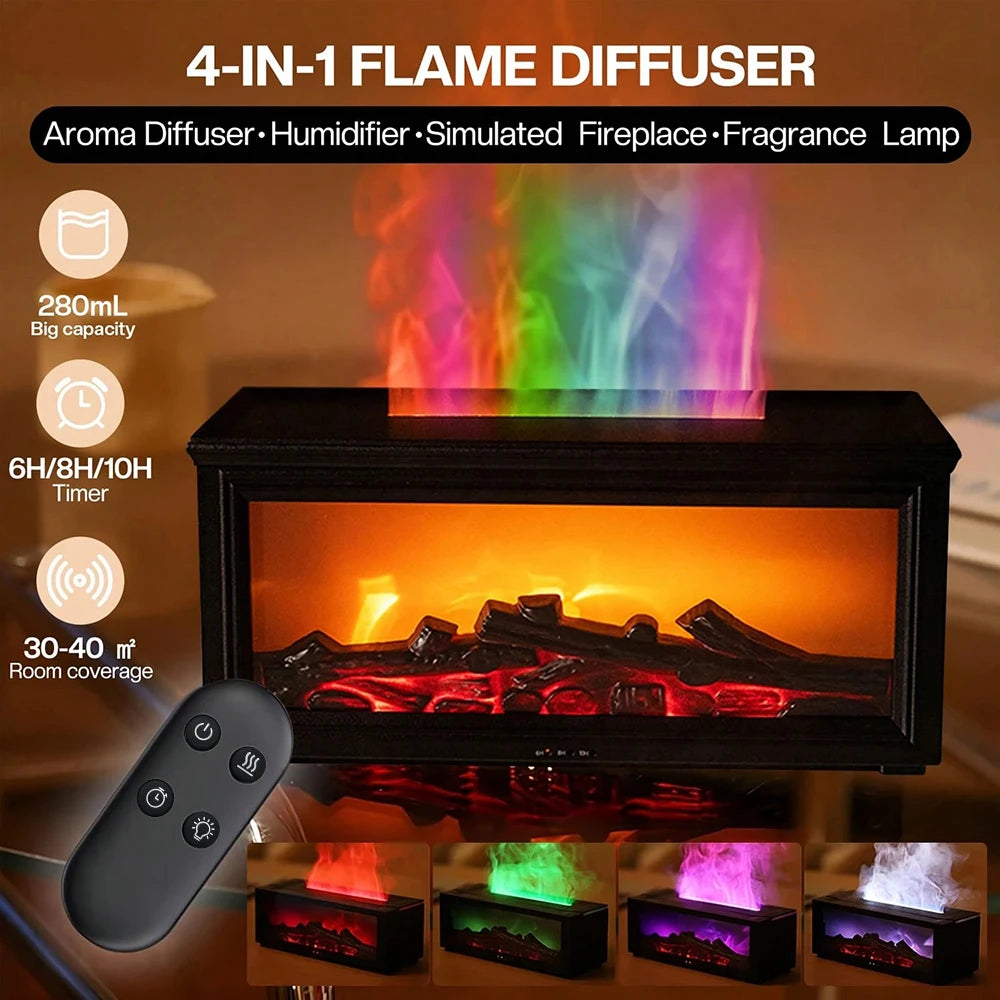 “Flame-Effect Humidifier & Essential Oil Diffuser – 7-Color LED Fireplace Style”
