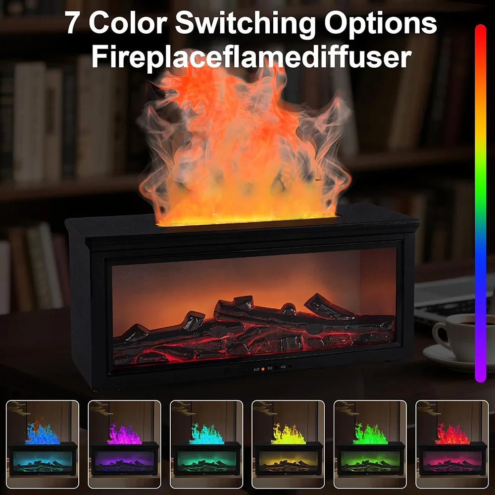 “Flame-Effect Humidifier & Essential Oil Diffuser – 7-Color LED Fireplace Style”